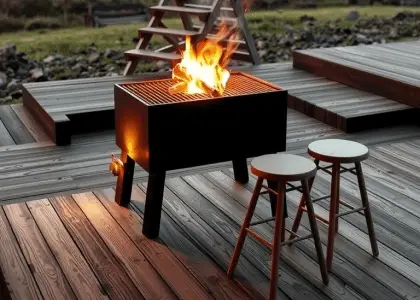 Scandinavian minimalist outdoor barbecue on wooden deck with warm glow from wood fire, soft light on rough-hewn planks, trio of minimalist stools nearby, creating cozy atmosphere of togetherness with smoke and fresh air.