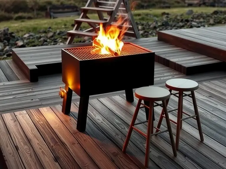 Scandinavian minimalist outdoor barbecue on wooden deck with warm glow from wood fire, soft light on rough-hewn planks, trio of minimalist stools nearby, creating cozy atmosphere of togetherness with smoke and fresh air.