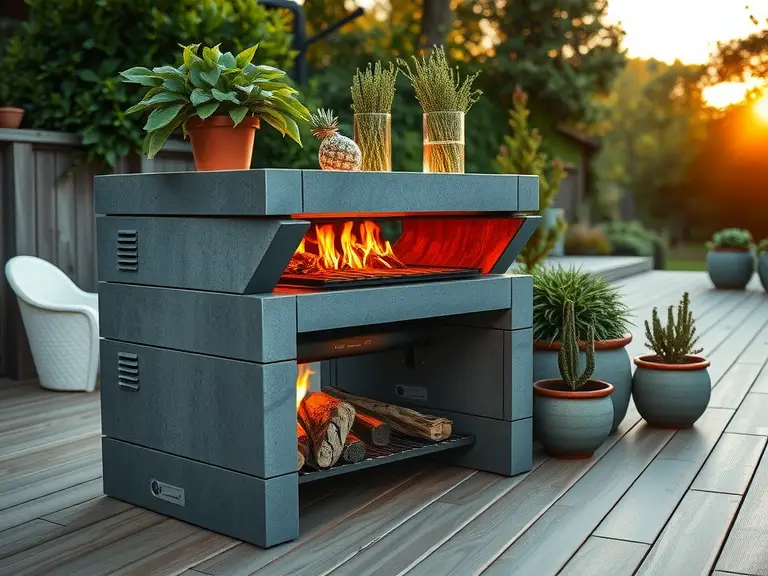 Modern concrete outdoor barbecue on a wooden deck, featuring adjustable vents and glowing embers. Lush potted herbs nearby enhance the inviting atmosphere as the sun sets, creating a perfect ambiance for gatherings.