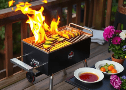 Charcoal barbecue on a weathered wooden deck with flames, surrounded by plates of marinated vegetables and sauces, and potted flowers, creating a cozy outdoor cooking ambiance.