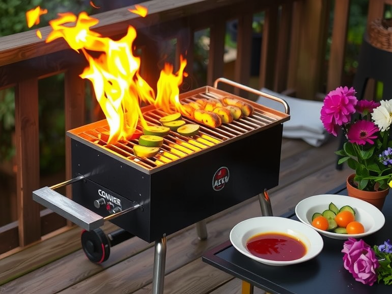 Charcoal barbecue on a weathered wooden deck with flames, surrounded by plates of marinated vegetables and sauces, and potted flowers, creating a cozy outdoor cooking ambiance.