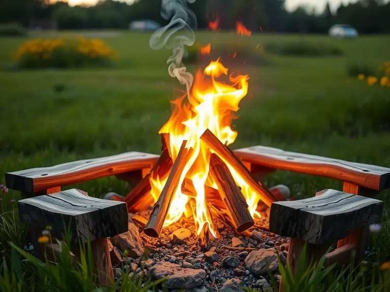 Rustic nomadic firepit surrounded by grassy picnic area and wildflowers, with friends gathered around the crackling fire, illuminated by vibrant flames, sitting on rough-hewn wooden logs, creating a cozy atmosphere under the dusky sky.