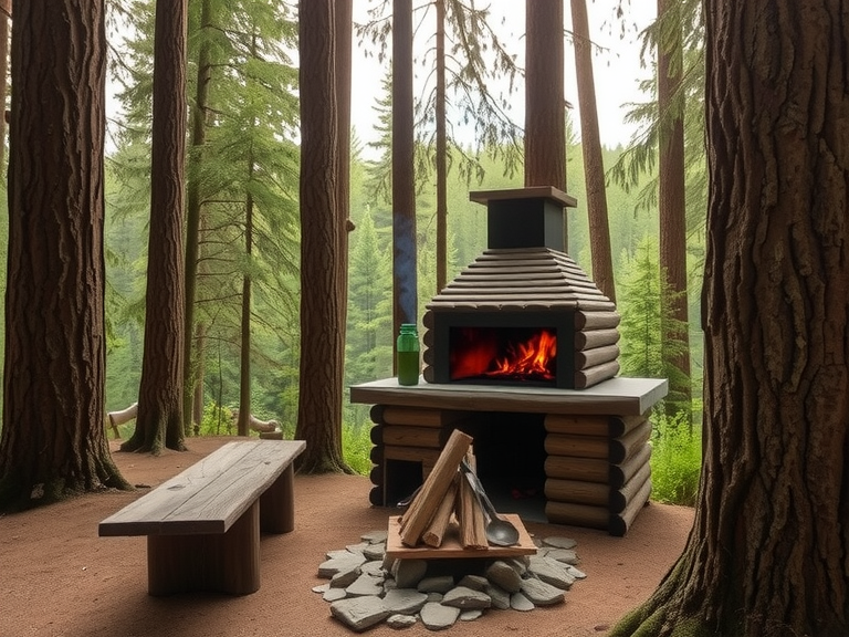 Rustic log-built outdoor barbecue nestled among towering trees in a secluded forest glade, with flickering flames illuminating the foliage, a stone seating area, and a wooden table with cooking utensils, creating an inviting nature retreat atmosphere.