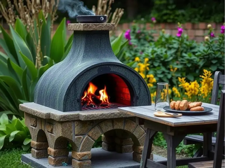 Gothic stone outdoor barbecue in a lush garden with wooden table and mismatched chairs, warm flames flickering on moss-covered bricks, smoke rising in twilight, creating a cozy atmosphere for summer gatherings.