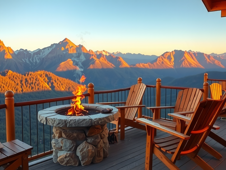 Stone hearth barbecue on a wooden deck with rugged mountains in the background, flames flickering and smoke rising, rustic wooden chairs nearby, scent of charred meat in the air, golden sunset light creating a warm, inviting atmosphere for gatherings.