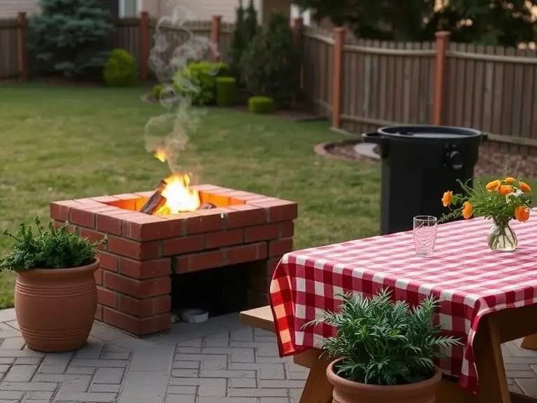 "Traditional brick outdoor barbecue in spacious backyard with slightly worn red bricks, crackling fire illuminating wooden picnic table with checkered cloth, surrounded by fragrant herbs in terra cotta pots, evoking warm summer evenings with hints of smoke and grilled meats."