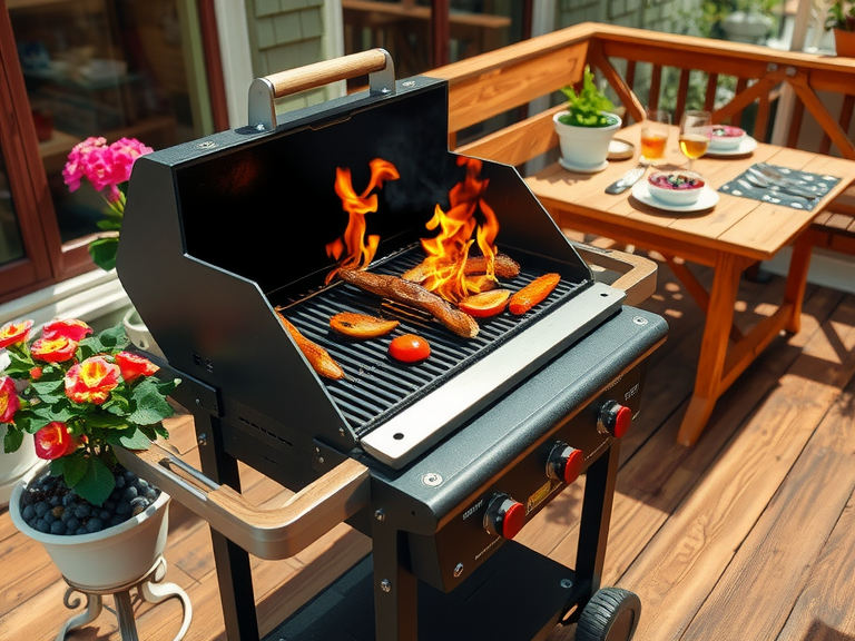 Sturdy barbecue grill on a sunny patio surrounded by blooming flowerpots and a wooden dining table, with charred vegetables sizzling on the grill, evoking the joy of al fresco dining and gatherings.