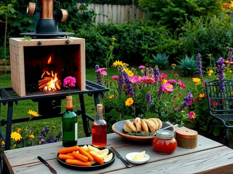 Rustic wrought iron barbecue in a colorful garden surrounded by wildflowers and greenery, with flickering flames and fragrant smoke, next to a sturdy wooden table set for a cozy evening feast.