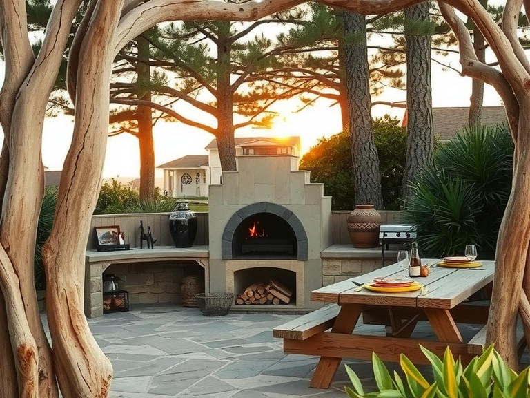 "Rustic outdoor barbecue framed by sun-bleached driftwood beneath tall coastal pines, with a cozy ambiance from wood-fired flames flickering against a weathered stone patio, a nearby rustic picnic table scattered with colorful plates, and gentle sea breezes carrying the smoky aroma of grilling food."