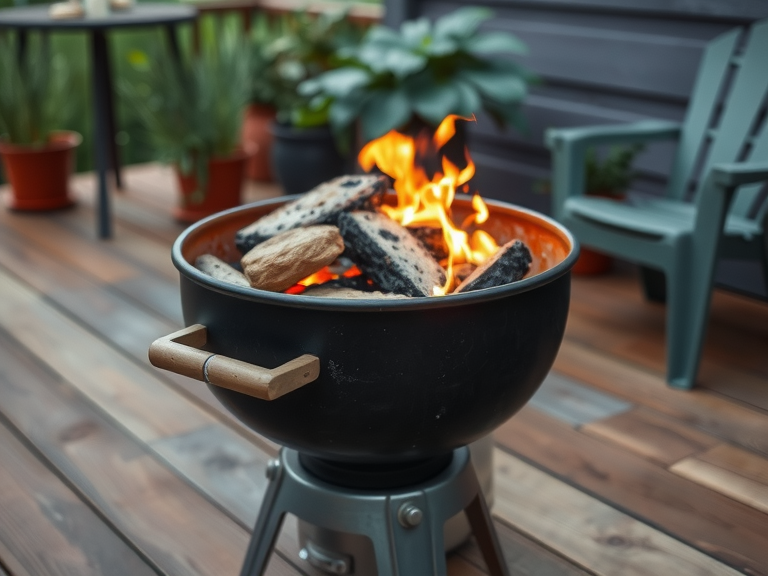 Charcoal barbecue on wooden deck with rusted metal surface, flames flickering, surrounding potted herbs, mismatched chairs, creating a cozy summer evening atmosphere.