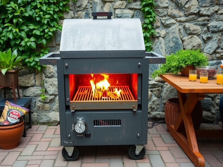 Weathered industrial steel outdoor barbecue on a brick patio with flickering flames, surrounded by greenery, an uneven stone wall, potted herbs, and a rustic wooden table with summer fixings.