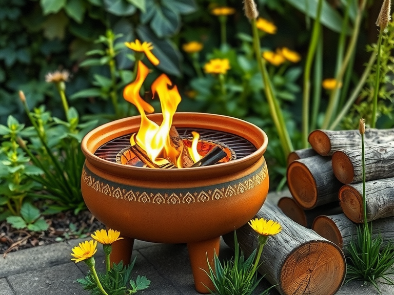 Bohemian clay outdoor barbecue surrounded by a lush garden, showcasing earthy hues, with flickering flames and rustic wooden logs stacked nearby, creating a warm atmosphere filled with the scent of smoke and blooming wildflowers.