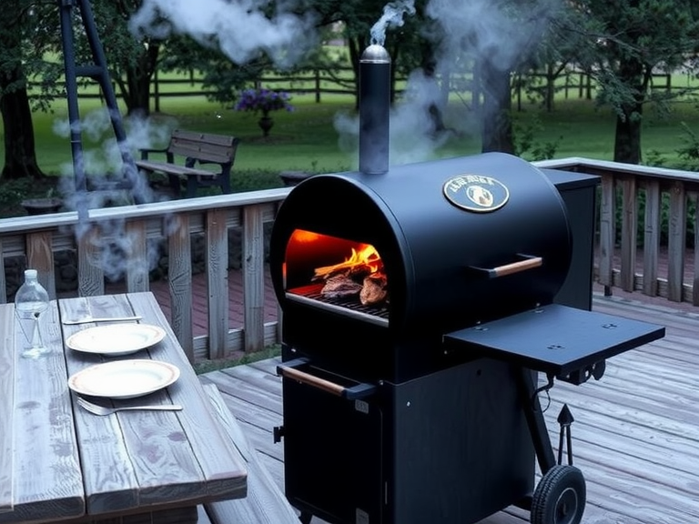 Heavy-duty barbecue smoker on rustic wooden deck with smoke rising, surrounded by a well-worn picnic table with mismatched plates and utensils, evoking a cozy summer gathering atmosphere with cicada sounds.