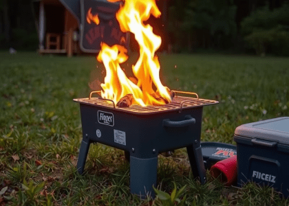 Portable camping barbecue with flames in a grassy clearing, surrounded by trees, emitting the scent of charred meat, with a nearby cooler hinting at a casual gathering of friends.