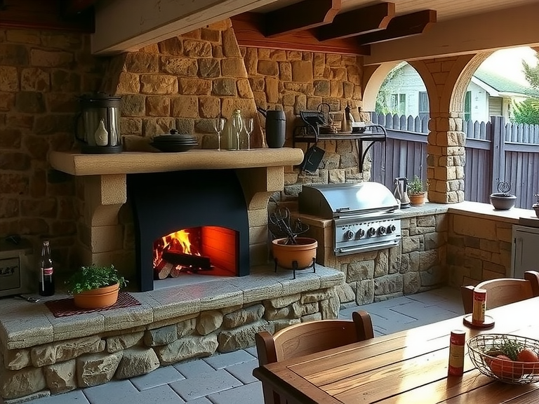Outdoor kitchen with a wood-burning fireplace made of rough-hewn stones, rustic wooden counters with fresh herbs and grilling utensils, and a weathered dining table set for an al fresco meal, all bathed in warm evening light.