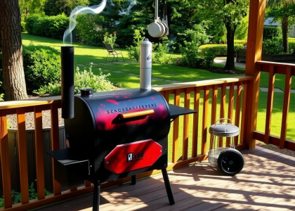 Sturdy barbecue smoker on a wooden deck with lush garden backdrop, showcasing charred exterior and wisps of hickory smoke, with grilling tools nearby and sunlight filtering through leaves.