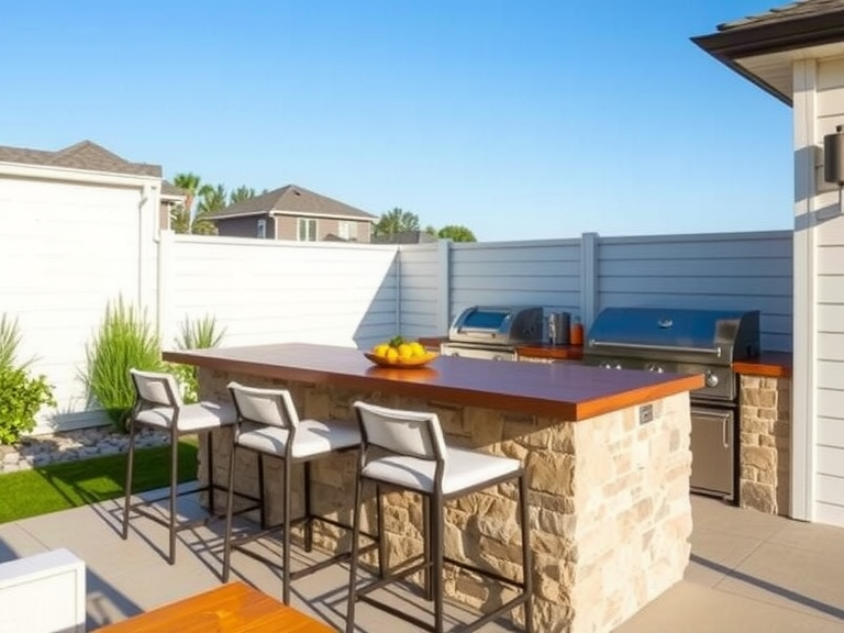 Alt text: "Stylish outdoor kitchen featuring wood cabinets, a grill station, bar stools, and a spacious patio area suitable for luxury backyard dining."