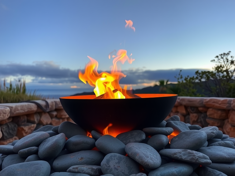 A glowing fire pit in a natural setting surrounded by stones, with flames reaching upwards under a colorful evening sky.