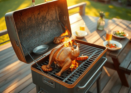 A rustic barbecue grill with a rotisserie cooking a whole chicken sits on a sunlit patio, surrounded by wooden decking. The scene features a wooden picnic table with bowls of marinated vegetables and drink glasses, all illuminated by the warm golden light of the setting sun, conveying a cozy summer gathering atmosphere.
