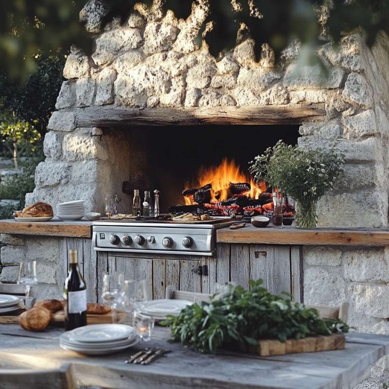 Outdoor kitchen featuring a rustic wood-burning fireplace made of rough-hewn stones, wooden counters adorned with fresh herbs and grilling utensils, and a weathered dining table set for an al fresco meal, all illuminated by warm evening light.
