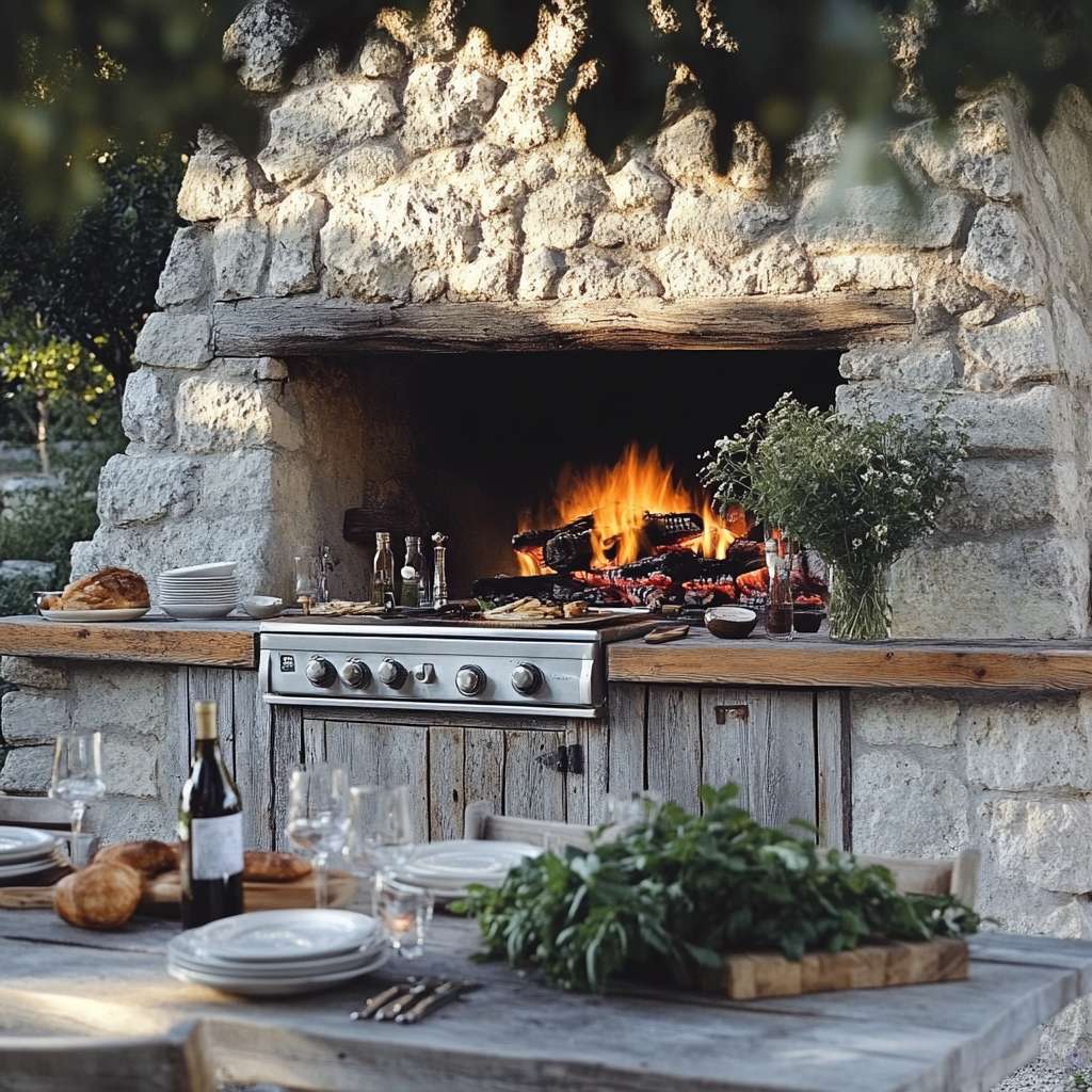Outdoor kitchen featuring a rustic wood-burning fireplace made of rough-hewn stones, wooden counters adorned with fresh herbs and grilling utensils, and a weathered dining table set for an al fresco meal, all illuminated by warm evening light.