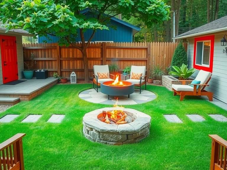 Backyard oasis featuring a grassy area with an outdoor DIY fire pit, surrounded by attractive walkway designs, stone paths, and seating for an inviting outdoor fire pit area.