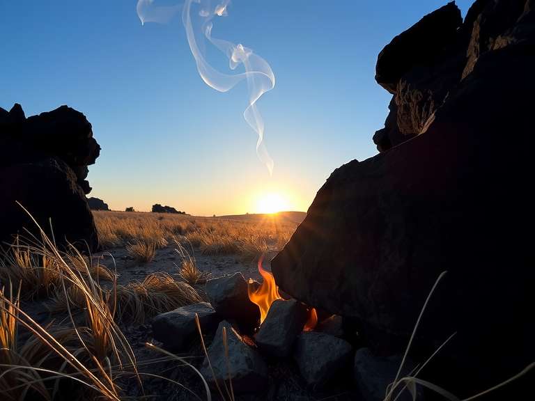 A flame between rocks with smoke rising into a colorful sunset sky, surrounded by dry grass.