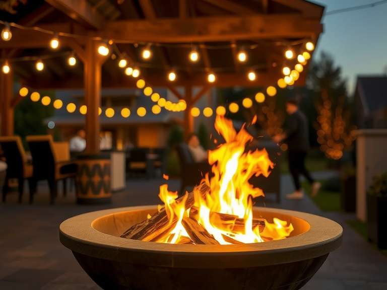 "Cozy outdoor fire pit surrounded by string lights, perfect for backyard hangout areas and campground ideas, featuring railroad ties for a rustic touch."