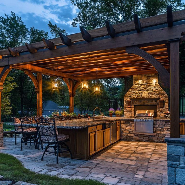 "Cozy outdoor kitchen under a wooden pergola with rustic stone countertops, a handmade wood-burning fireplace, and soft lighting, ideal for evening gatherings."