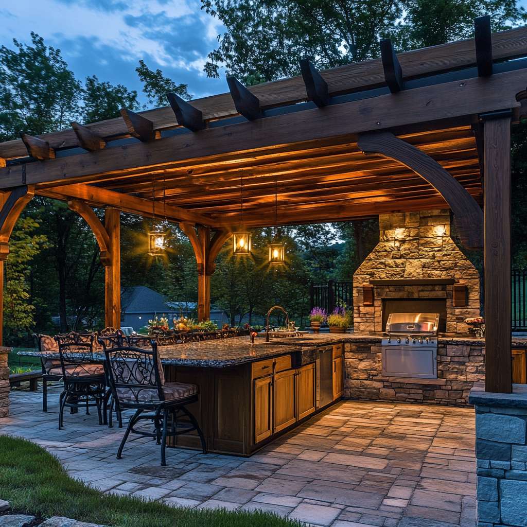 "Cozy outdoor kitchen under a wooden pergola with rustic stone countertops, a handmade wood-burning fireplace, and soft lighting, ideal for evening gatherings."