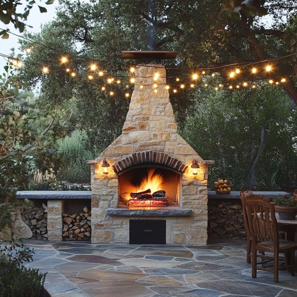 Outdoor kitchen fireplace with brick pizza oven in a rustic patio, surrounded by weathered stones and twinkling string lights, creating a cozy atmosphere for al fresco dining.