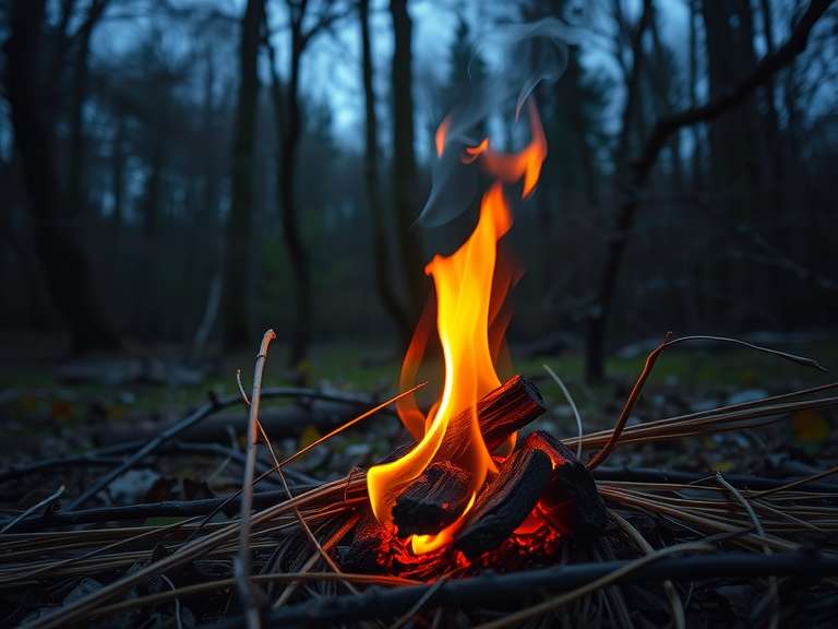 A small fire surrounded by dry grass and twigs in a forest clearing with blue sky above.