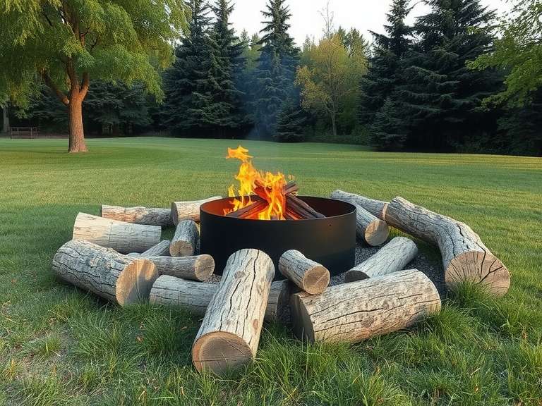 Outdoor fire pit surrounded by grass and log stools in a serene backyard setting, ideal for a bonfire party, featuring tree stump seating and a rustic cabin vibe for cozy gatherings and celebrations.