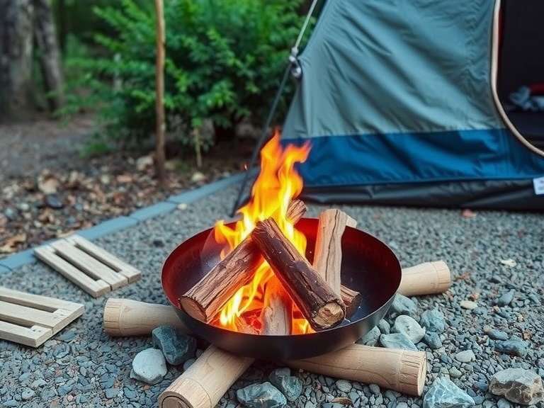 "Cozy backyard camping setup featuring a wood-burning fire pit surrounded by seating, perfect for outdoor gatherings and relaxation."