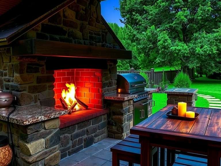 Outdoor kitchen with rustic wood-burning fireplace and weathered wooden countertops in a serene backyard, surrounded by green trees, creating a cozy gathering spot for dining and meal prep under the stars.