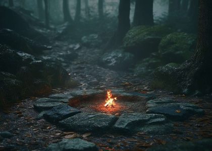 A small fire surrounded by damp stones in a dark forest, with smoke rising and wet leaves covering the ground.