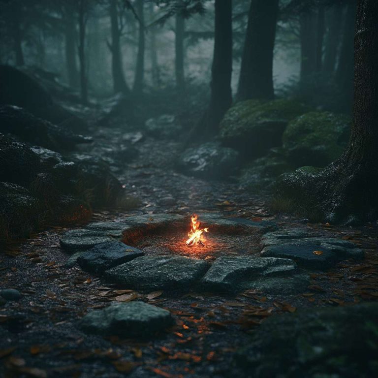 A small fire surrounded by damp stones in a dark forest, with smoke rising and wet leaves covering the ground.