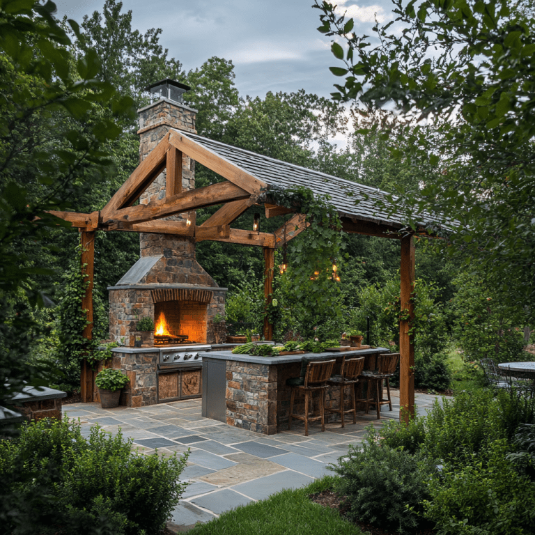 "Outdoor kitchen with a rustic wood-burning fireplace on a stone patio surrounded by greenery, featuring a cozy wooden beam shelter, fresh herbs on the counter, and a dining table set for intimate gatherings under the stars."