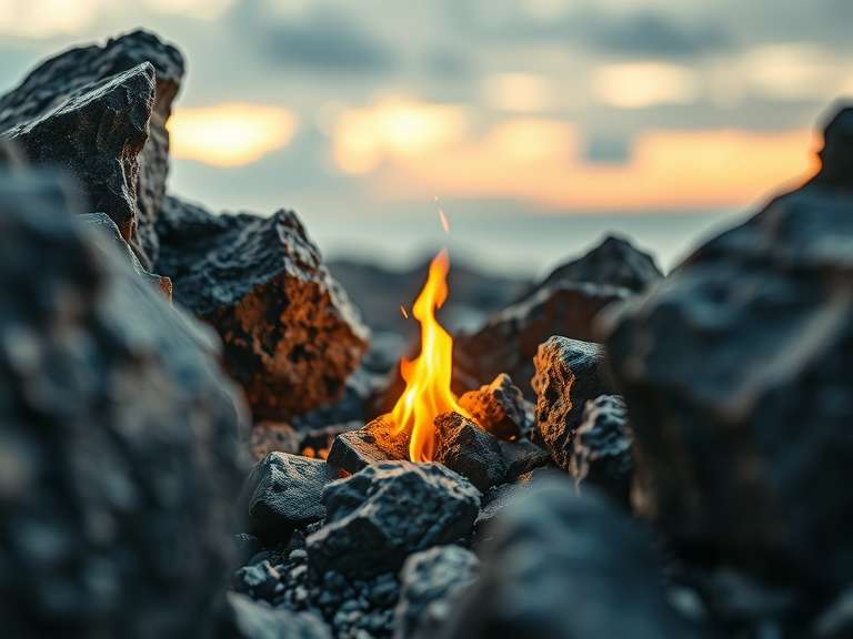 A small flame flickering between gray rocks with ash and smoke, set against a cloudy sky.