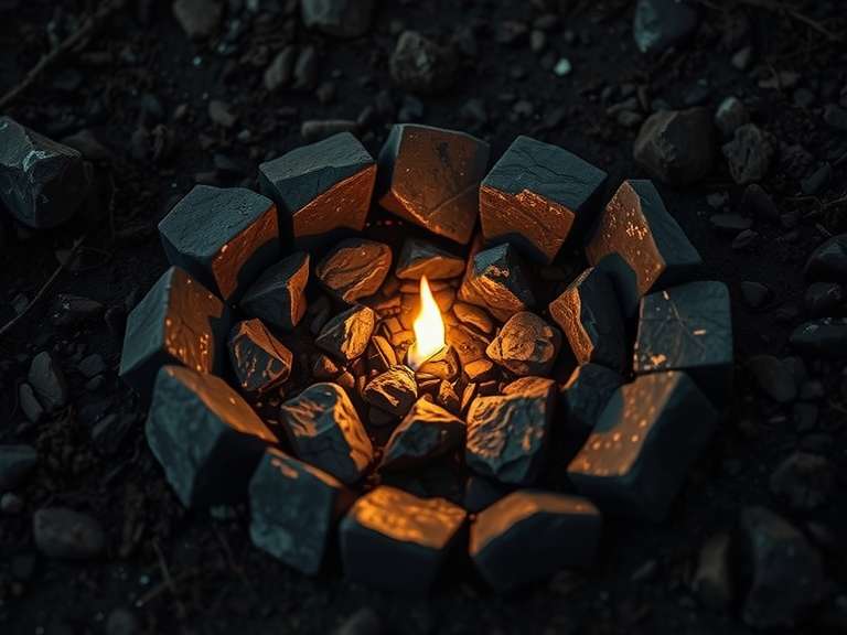 A small flame nestled between rocks in a wet forest clearing during twilight.