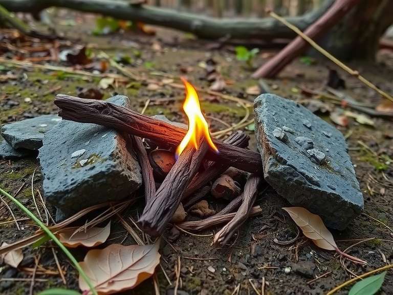 A small fire burning between two rocks in a forest setting, with dry grass and leaves surrounding it.