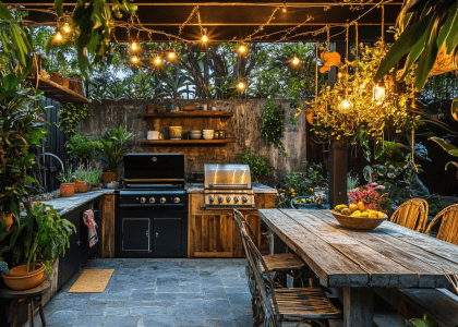 "Outdoor kitchen with rustic wood-burning BBQ grill and sturdy stone countertops, adorned with hanging plants and colorful pots, featuring mismatched chairs and a reclaimed wood table, illuminated by soft lighting at sunset for a cozy barbecue gathering."