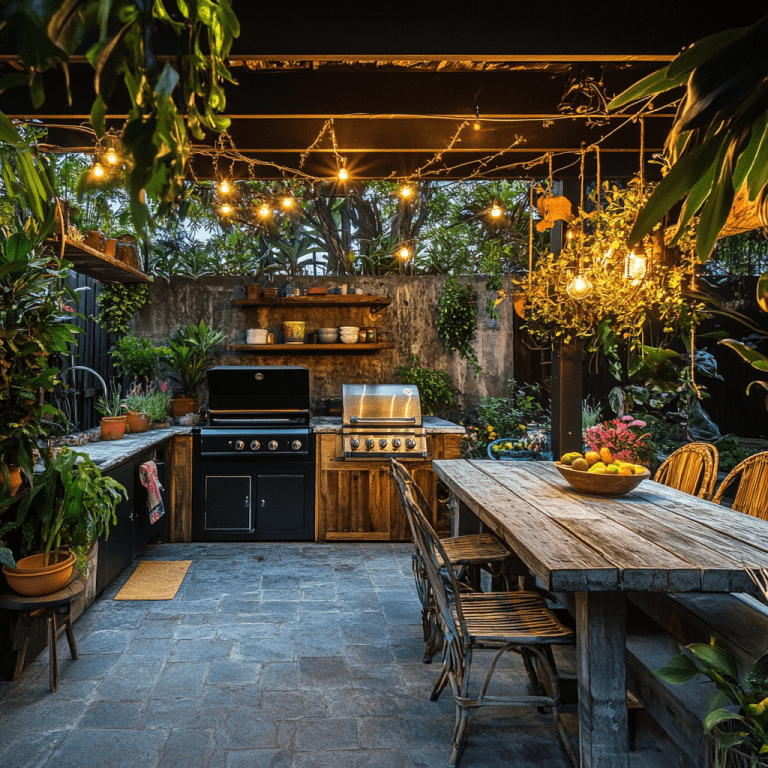 "Outdoor kitchen with rustic wood-burning BBQ grill and sturdy stone countertops, adorned with hanging plants and colorful pots, featuring mismatched chairs and a reclaimed wood table, illuminated by soft lighting at sunset for a cozy barbecue gathering."