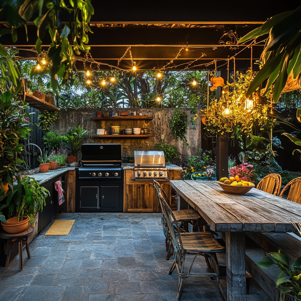 "Outdoor kitchen with rustic wood-burning BBQ grill and sturdy stone countertops, adorned with hanging plants and colorful pots, featuring mismatched chairs and a reclaimed wood table, illuminated by soft lighting at sunset for a cozy barbecue gathering."