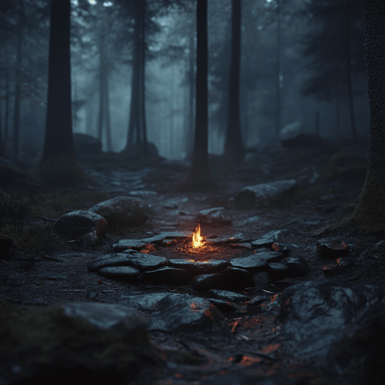 A small flame surrounded by wet stones on a forest floor, with mist and trees in the background.