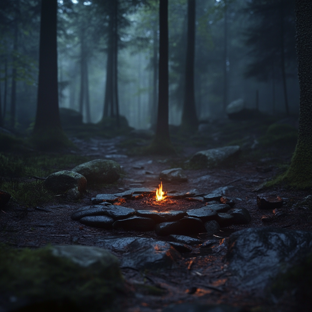 A small flame surrounded by wet stones on a forest floor, with mist and trees in the background.