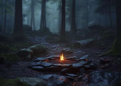 A small flame surrounded by wet stones on a forest floor, with mist and trees in the background.