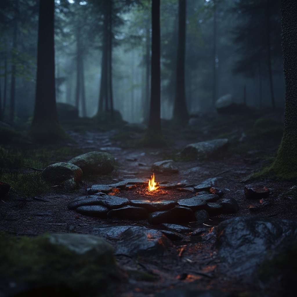 A small flame surrounded by wet stones on a forest floor, with mist and trees in the background.
