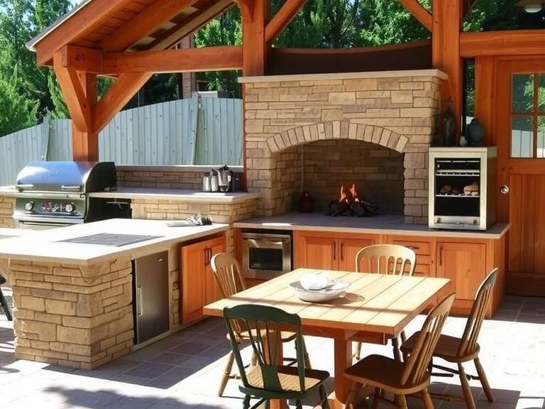 Outdoor kitchen with a cozy stone fireplace in a sunlit backyard, featuring weathered bricks and timber, a warm hearth with flickering flames, and a wooden table with mismatched chairs, perfect for gathering while enjoying grilled food and gentle smoke.