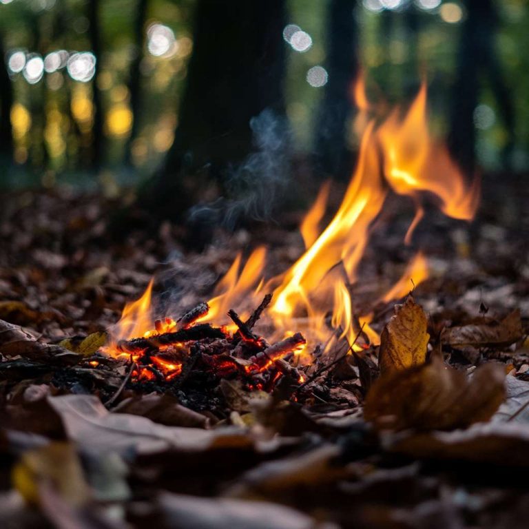 A small struggling fire surrounded by damp leaves and a larger fire nearby in a forest setting.